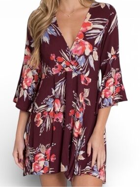 Billabong Burgundy Watercolor Floral Medium Bell Sleeve Mini Dress Romantic Boho